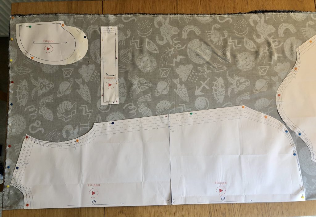 pattern pieced laid onto fabric ready for cutting out