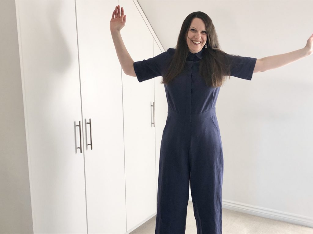 Julia wearing the Lennox boiler suit in blue cotton and linen blend fabric
