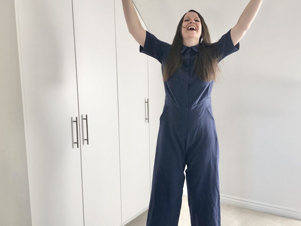 Julia wearing the Lennox boiler suit in blue cotton and linen blend fabric