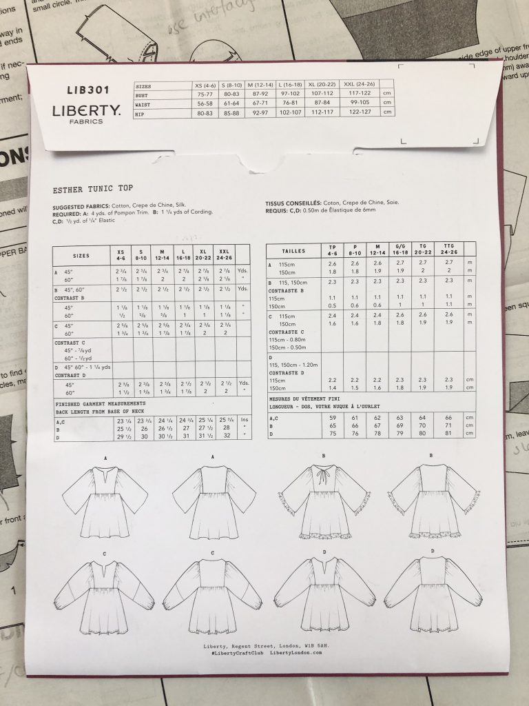 back of pattern envelope showing line drawings, sizing and fabric information