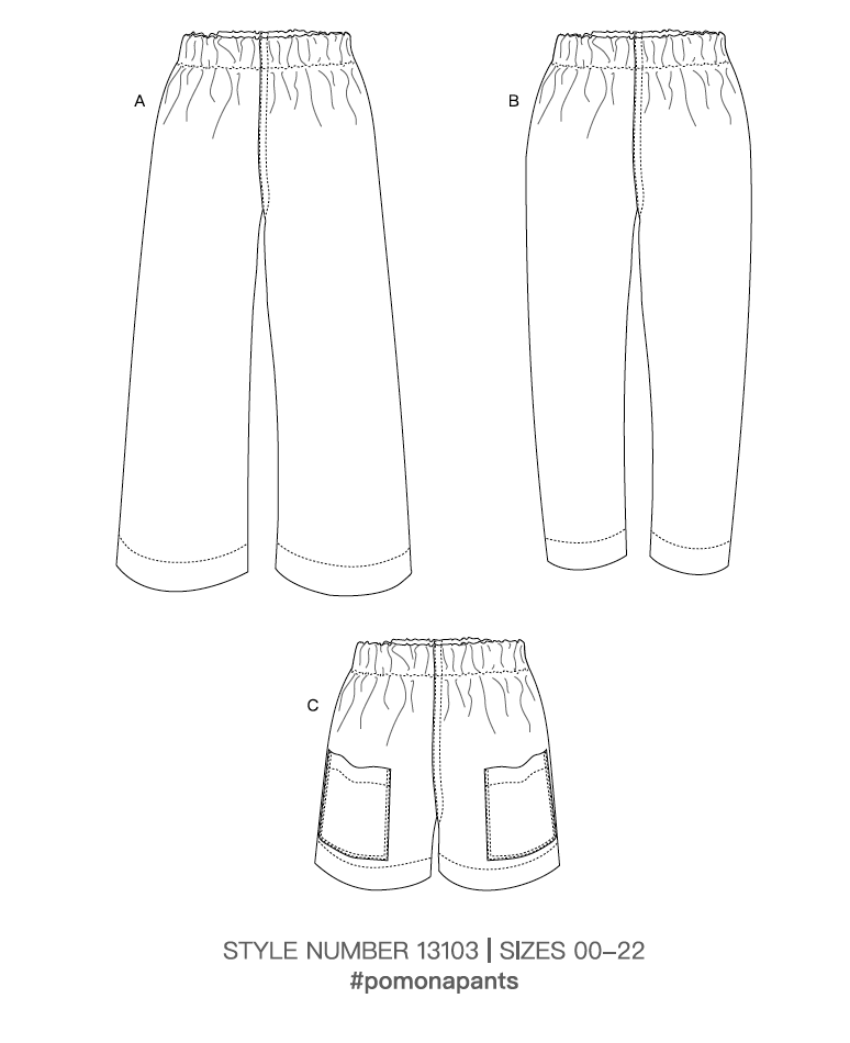 technical drawing of the Pomona pants and shorts - simple elasticated waistband with front patch pockets on the shorts
