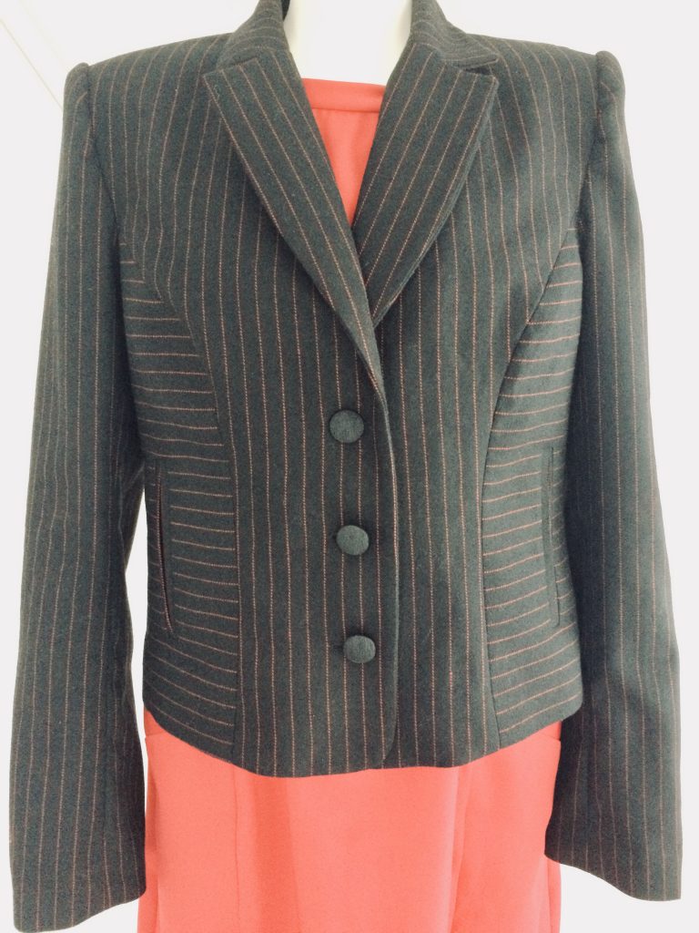 finished red pinstriped jacket with 3 black buttons