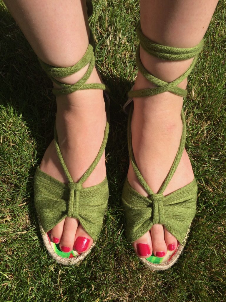 green open toe sandals or espadrilles