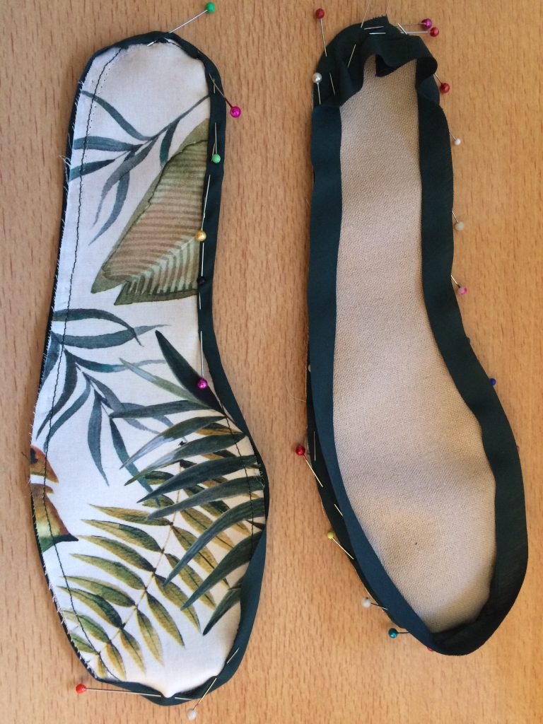 fabric soles to cover espadrille base using savannah cotton lawn and wrapping edge with dark green bias binding