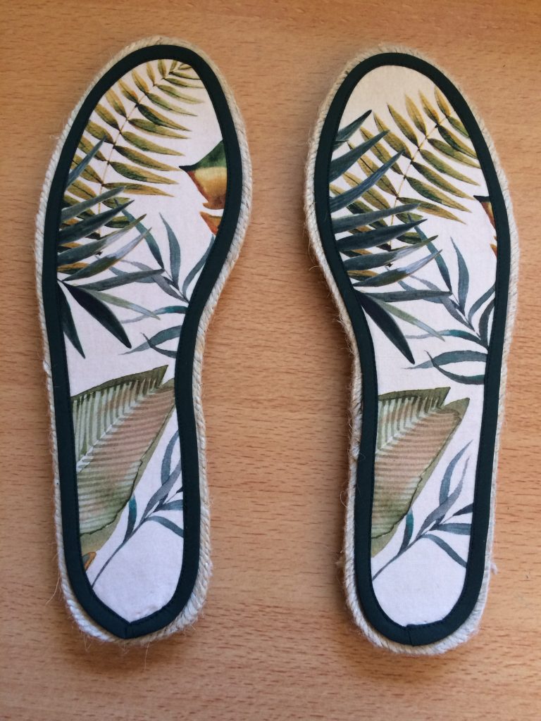 finished fabric soles attached to espadrille soles